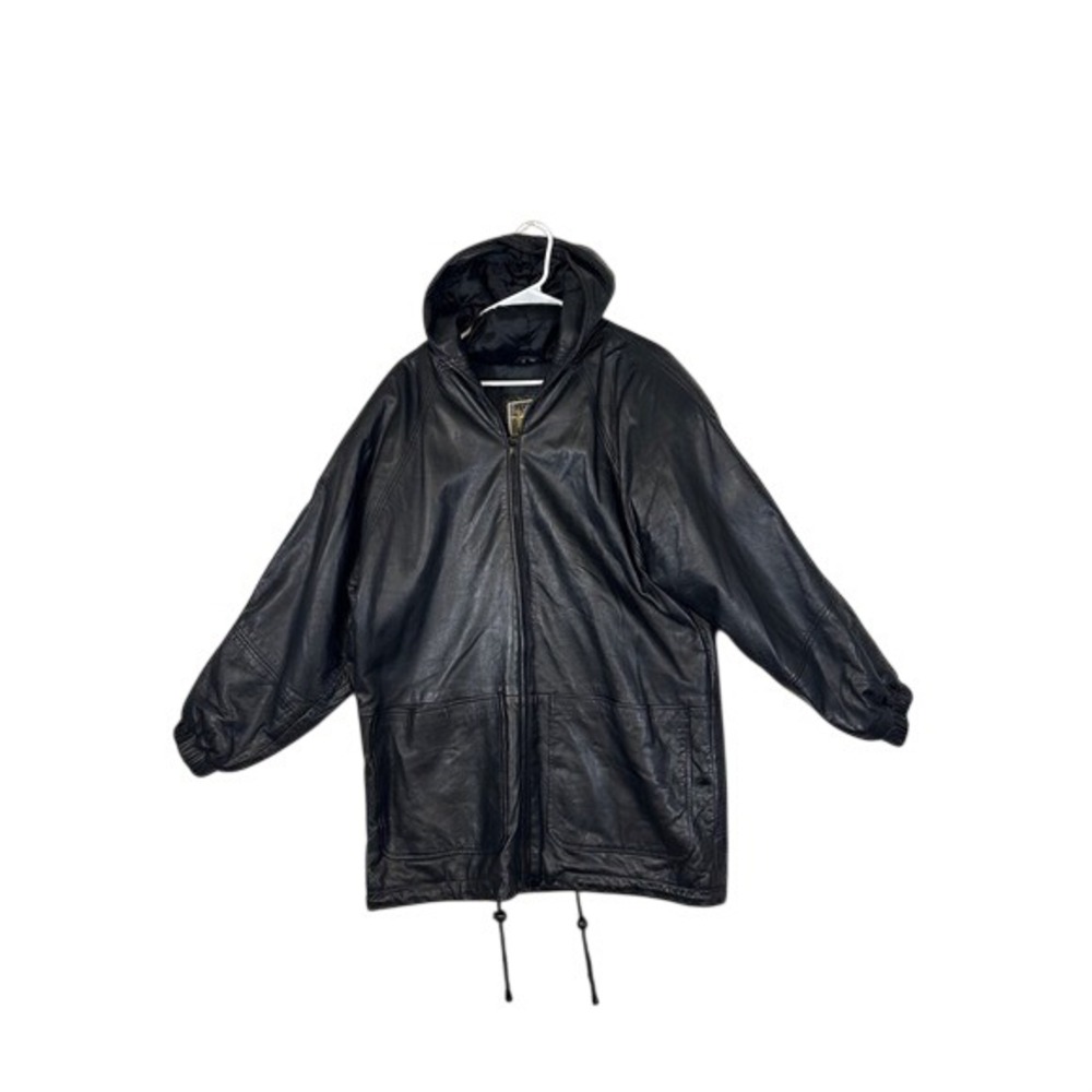 Izzi Black Leather Hooded Parka Jacket Mens Small Full Zip Quilted Lined